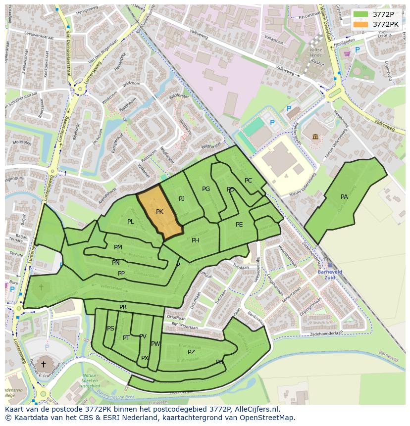Afbeelding van het postcodegebied 3772 PK op de kaart.