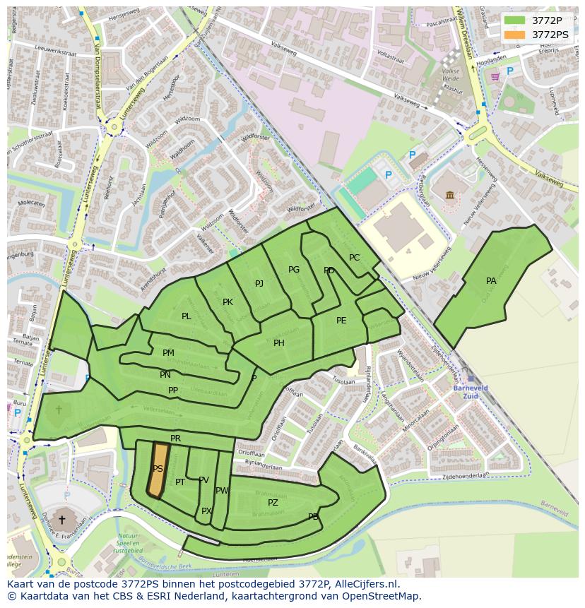 Afbeelding van het postcodegebied 3772 PS op de kaart.