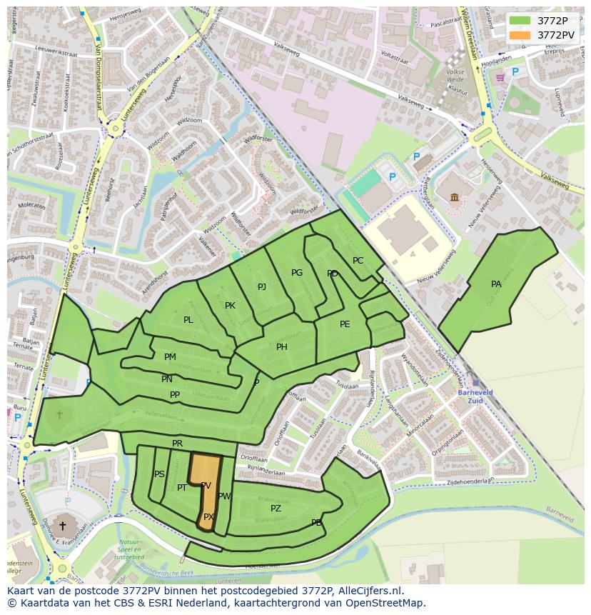 Afbeelding van het postcodegebied 3772 PV op de kaart.