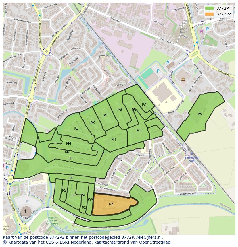 Afbeelding van het postcodegebied 3772 PZ op de kaart.