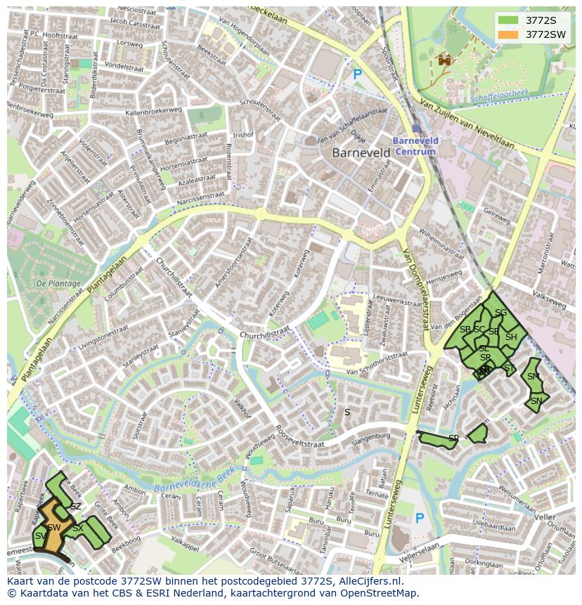 Afbeelding van het postcodegebied 3772 SW op de kaart.