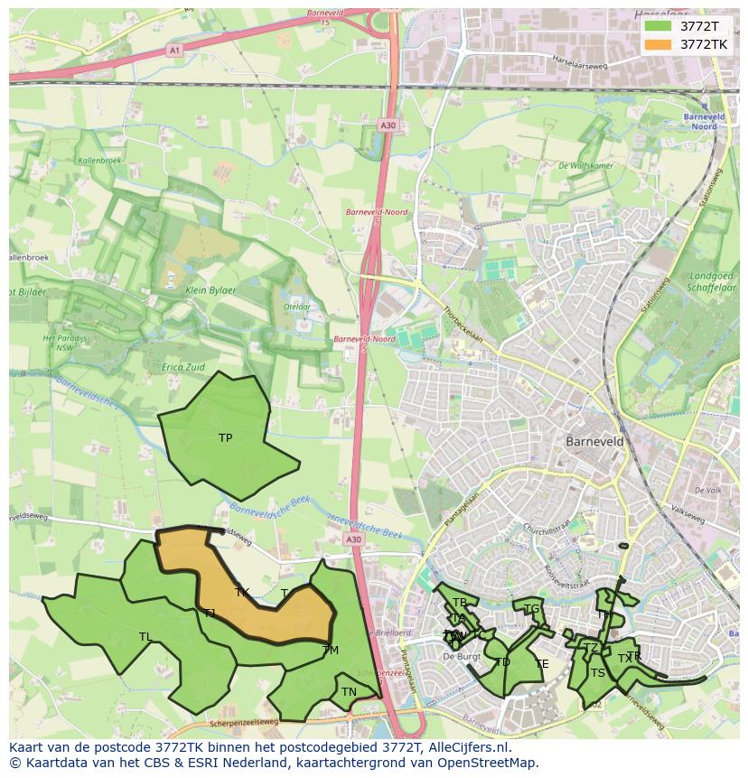 Afbeelding van het postcodegebied 3772 TK op de kaart.