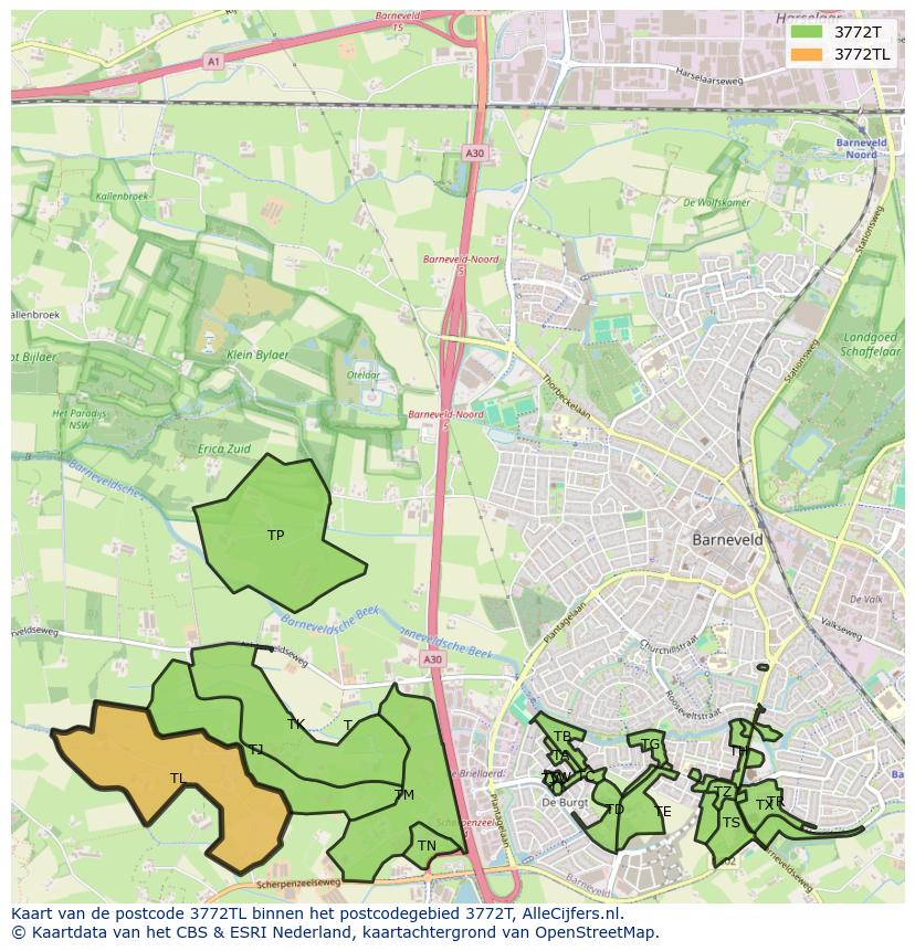 Afbeelding van het postcodegebied 3772 TL op de kaart.