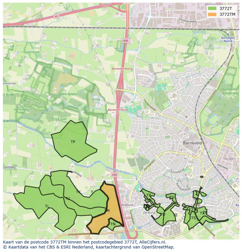 Afbeelding van het postcodegebied 3772 TM op de kaart.