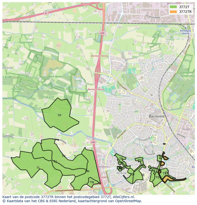 Afbeelding van het postcodegebied 3772 TR op de kaart.