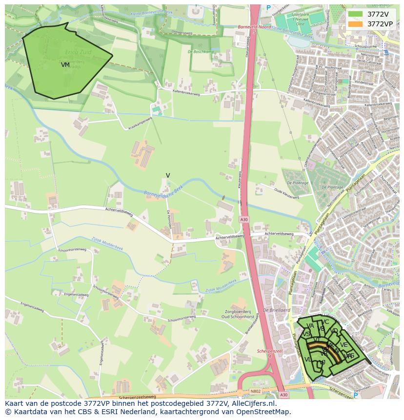 Afbeelding van het postcodegebied 3772 VP op de kaart.
