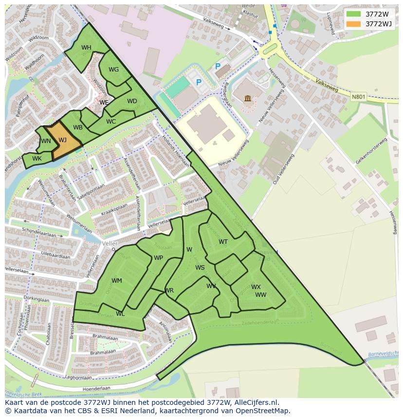 Afbeelding van het postcodegebied 3772 WJ op de kaart.