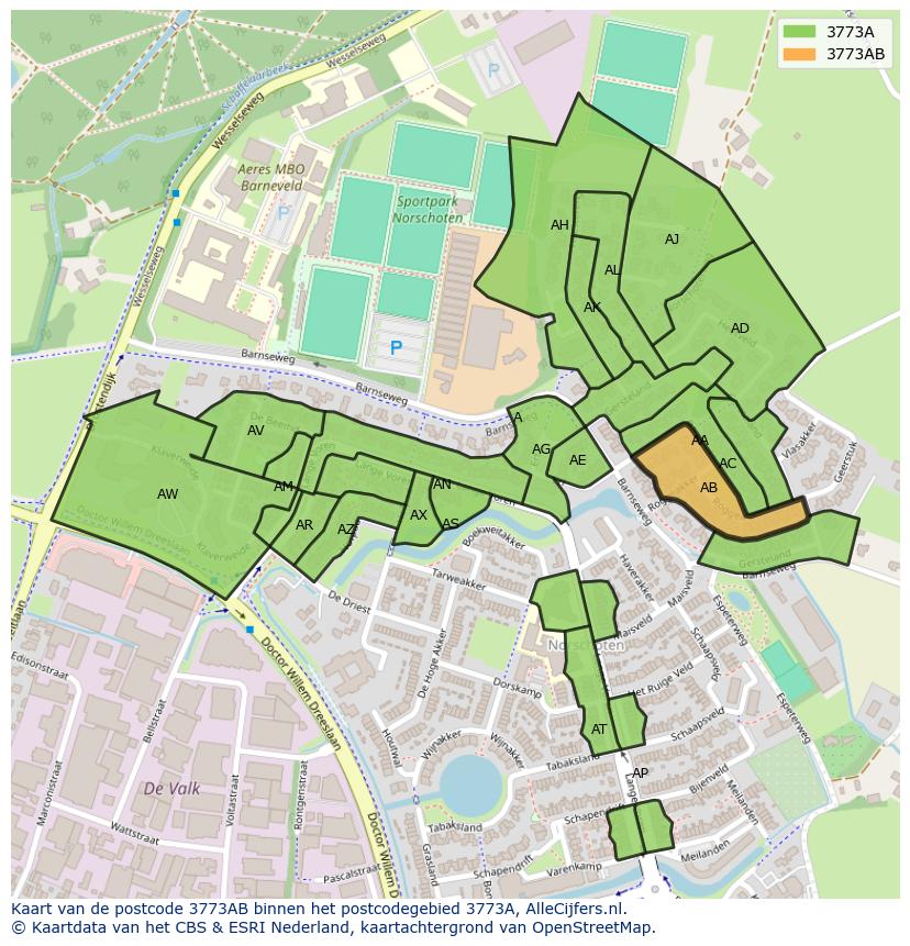 Afbeelding van het postcodegebied 3773 AB op de kaart.
