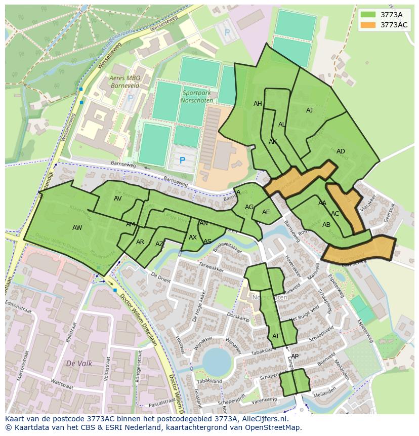 Afbeelding van het postcodegebied 3773 AC op de kaart.