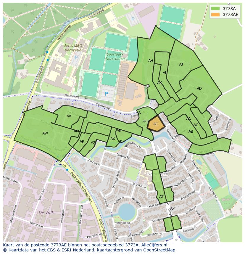 Afbeelding van het postcodegebied 3773 AE op de kaart.