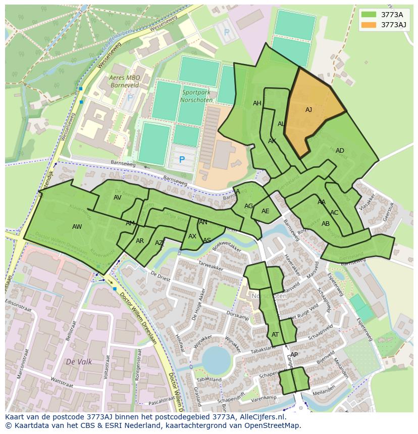 Afbeelding van het postcodegebied 3773 AJ op de kaart.