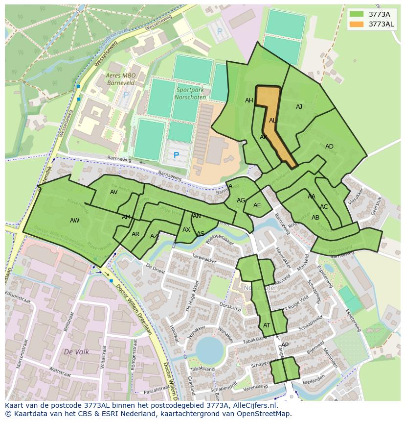 Afbeelding van het postcodegebied 3773 AL op de kaart.