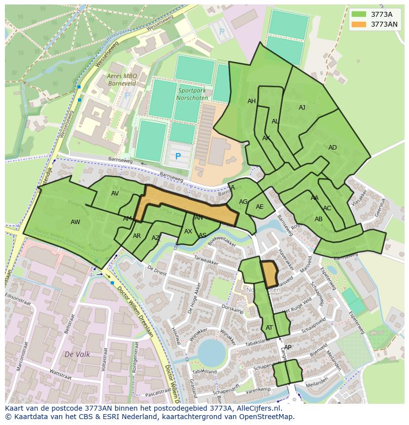 Afbeelding van het postcodegebied 3773 AN op de kaart.
