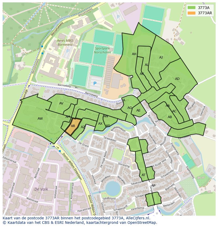 Afbeelding van het postcodegebied 3773 AR op de kaart.