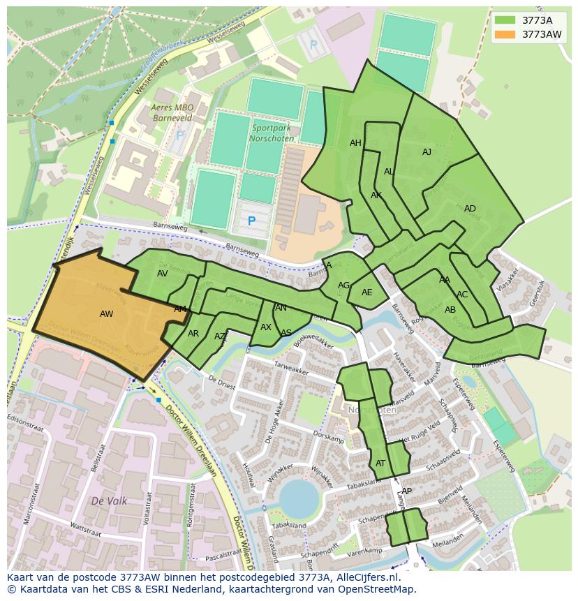 Afbeelding van het postcodegebied 3773 AW op de kaart.