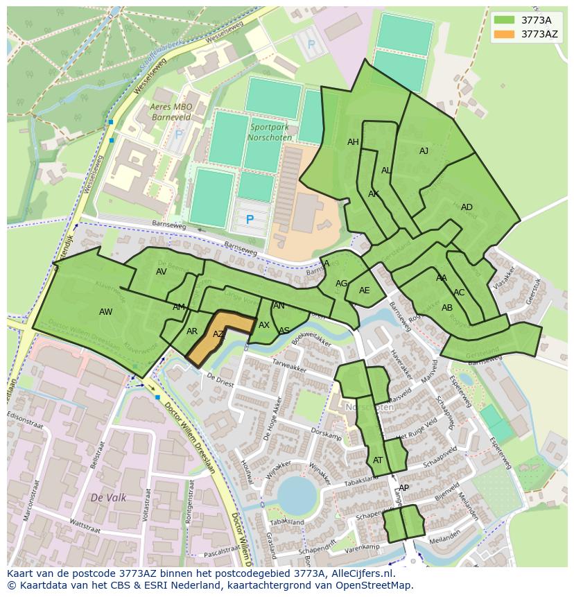 Afbeelding van het postcodegebied 3773 AZ op de kaart.