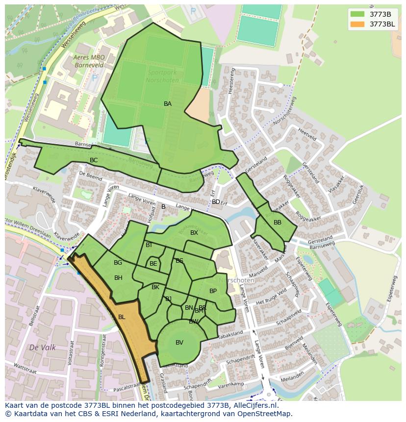Afbeelding van het postcodegebied 3773 BL op de kaart.