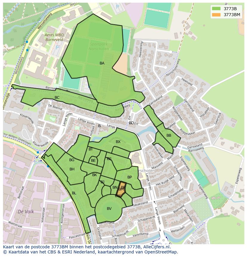Afbeelding van het postcodegebied 3773 BM op de kaart.