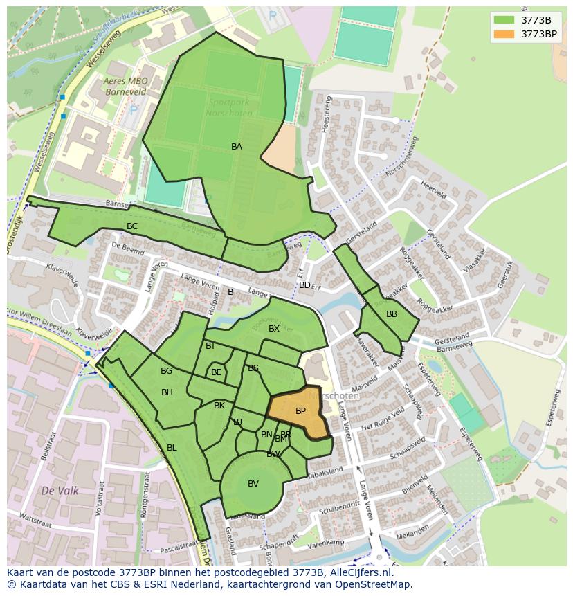 Afbeelding van het postcodegebied 3773 BP op de kaart.