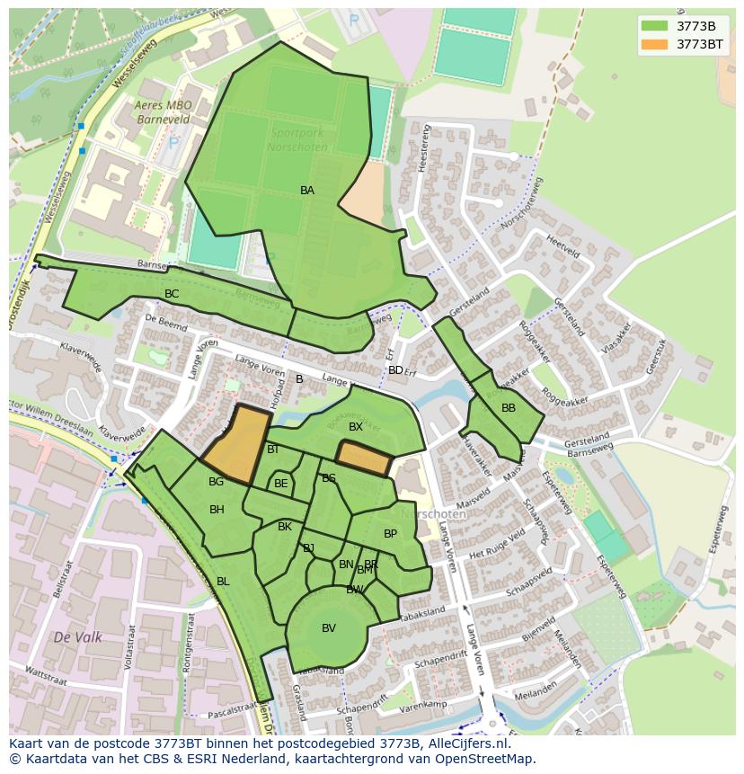 Afbeelding van het postcodegebied 3773 BT op de kaart.