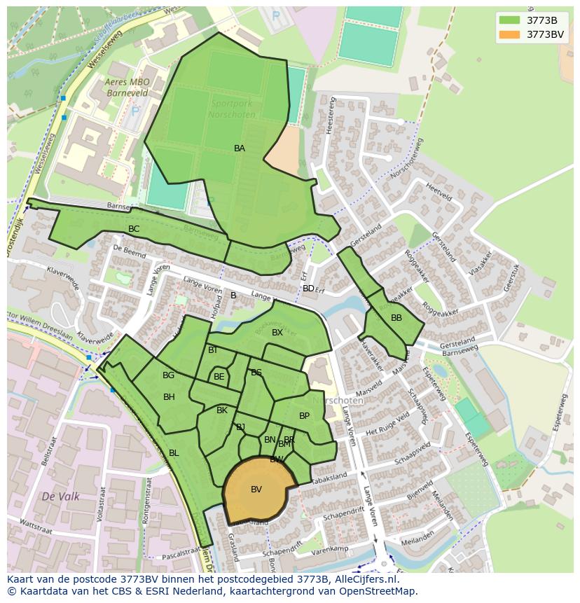 Afbeelding van het postcodegebied 3773 BV op de kaart.