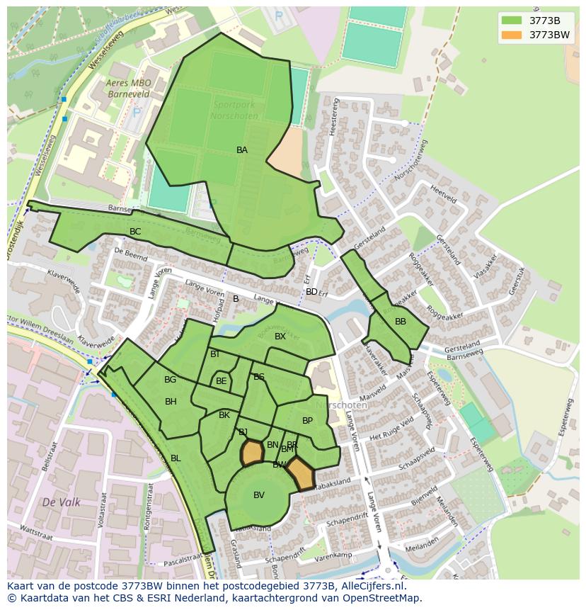 Afbeelding van het postcodegebied 3773 BW op de kaart.