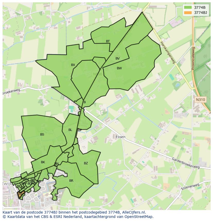 Afbeelding van het postcodegebied 3774 BJ op de kaart.