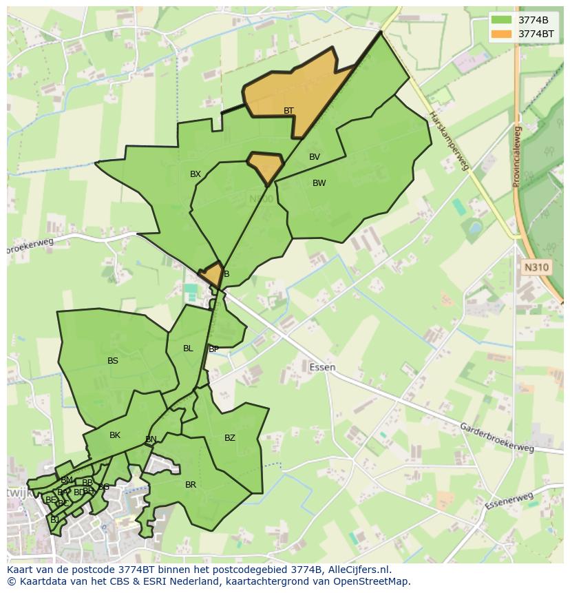 Afbeelding van het postcodegebied 3774 BT op de kaart.