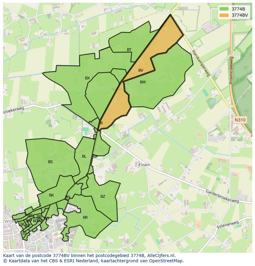 Afbeelding van het postcodegebied 3774 BV op de kaart.