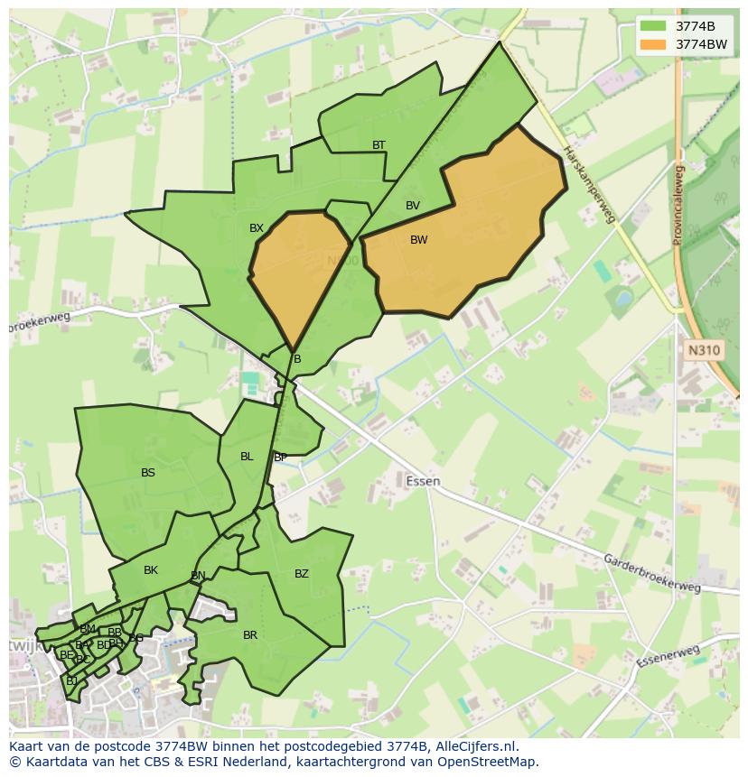 Afbeelding van het postcodegebied 3774 BW op de kaart.