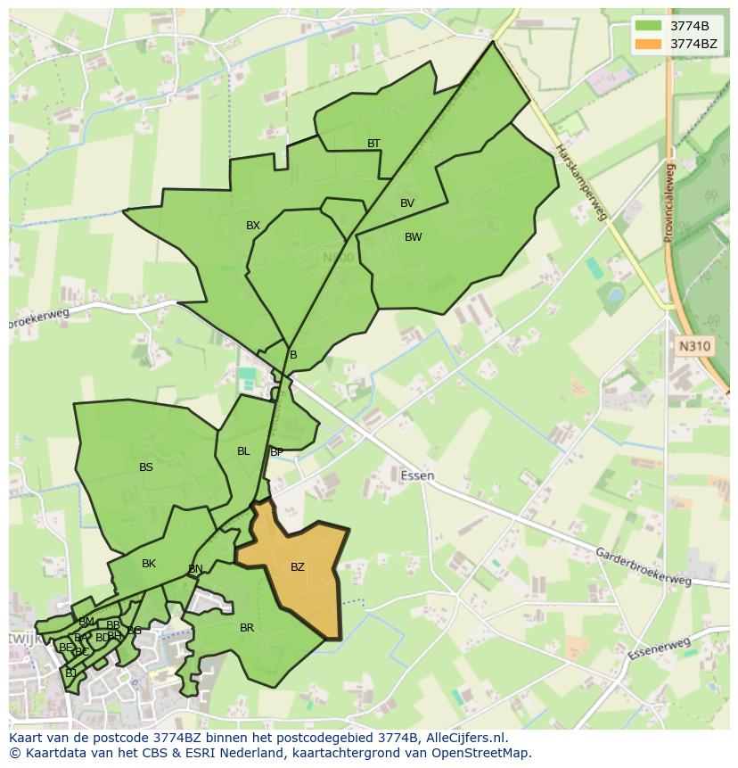 Afbeelding van het postcodegebied 3774 BZ op de kaart.