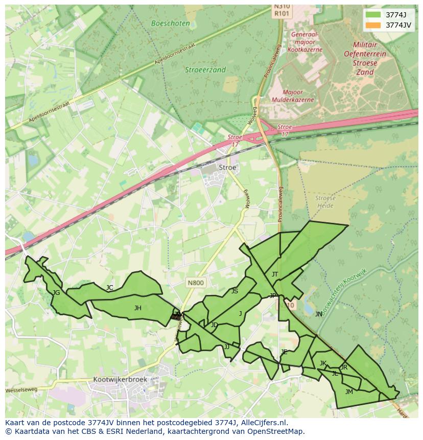 Afbeelding van het postcodegebied 3774 JV op de kaart.