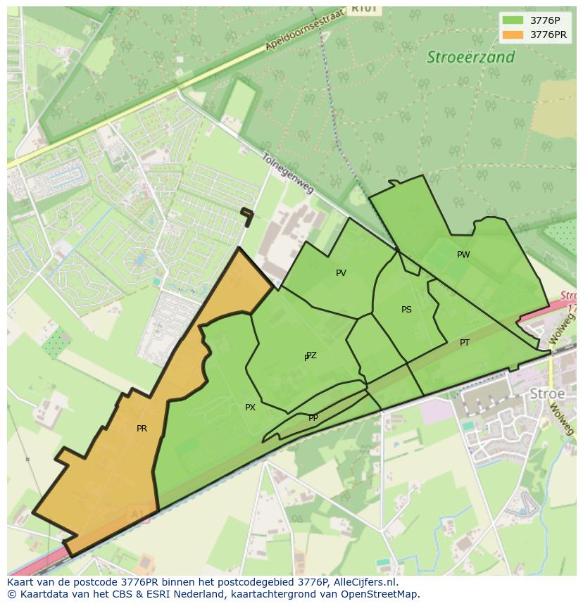 Afbeelding van het postcodegebied 3776 PR op de kaart.