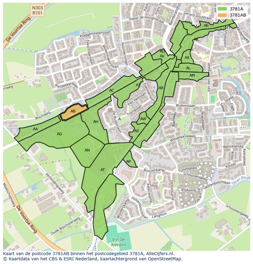 Afbeelding van het postcodegebied 3781 AB op de kaart.