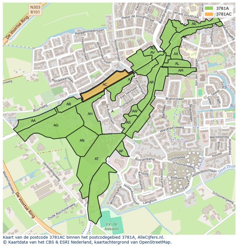 Afbeelding van het postcodegebied 3781 AC op de kaart.