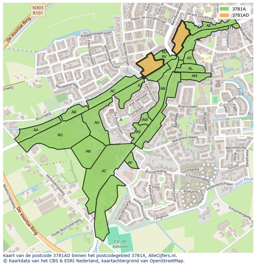 Afbeelding van het postcodegebied 3781 AD op de kaart.