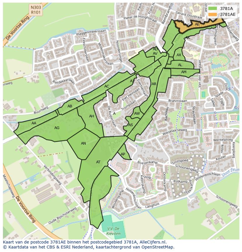 Afbeelding van het postcodegebied 3781 AE op de kaart.
