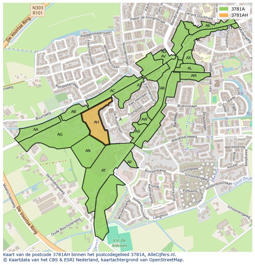 Afbeelding van het postcodegebied 3781 AH op de kaart.