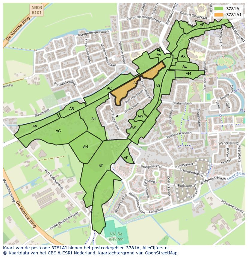 Afbeelding van het postcodegebied 3781 AJ op de kaart.