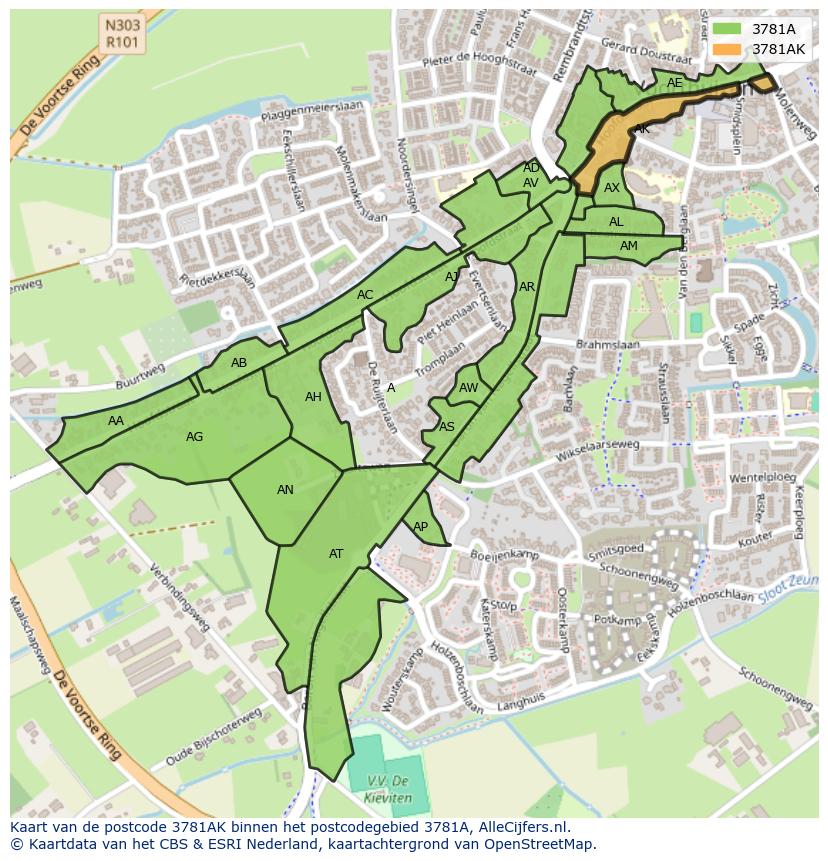 Afbeelding van het postcodegebied 3781 AK op de kaart.