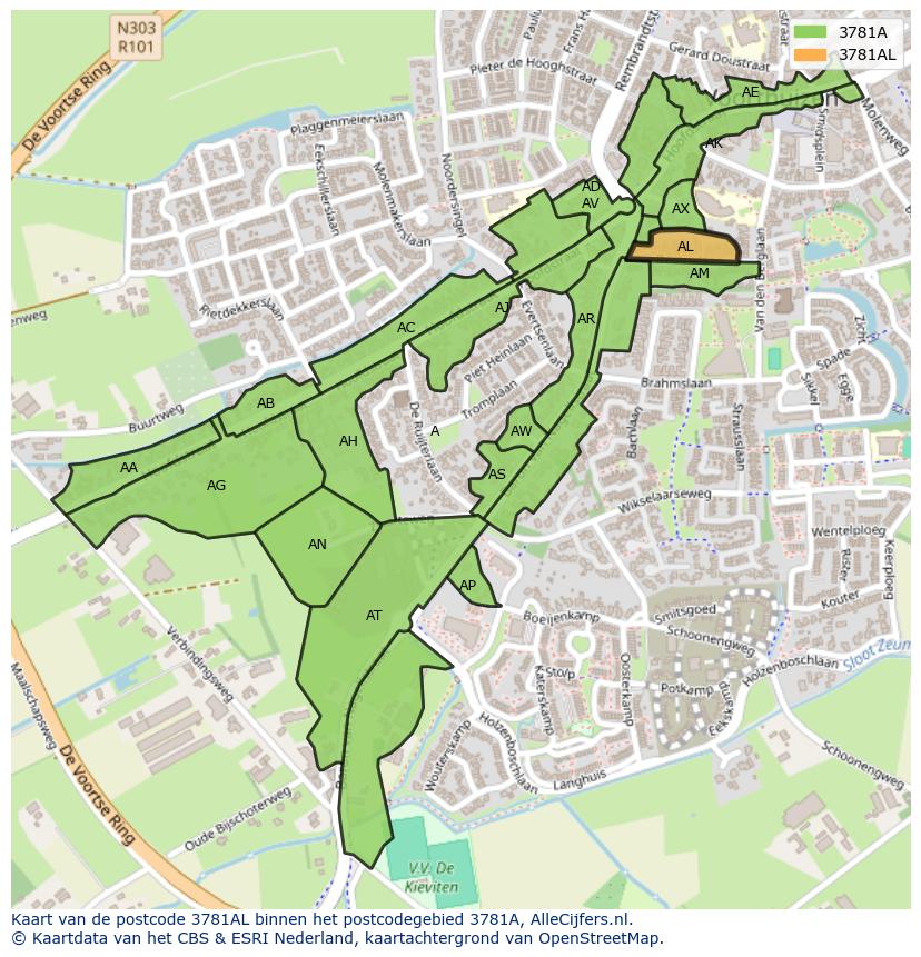 Afbeelding van het postcodegebied 3781 AL op de kaart.
