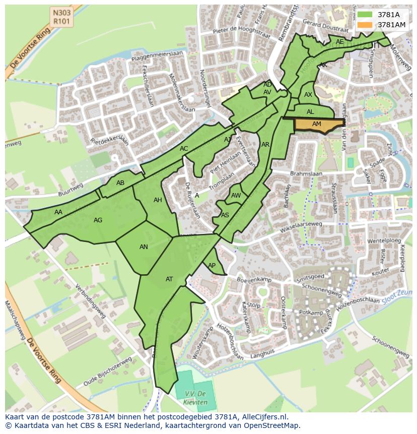 Afbeelding van het postcodegebied 3781 AM op de kaart.
