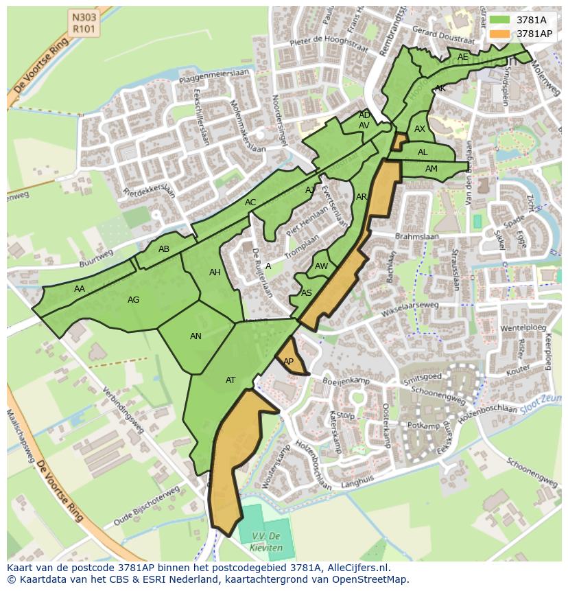Afbeelding van het postcodegebied 3781 AP op de kaart.
