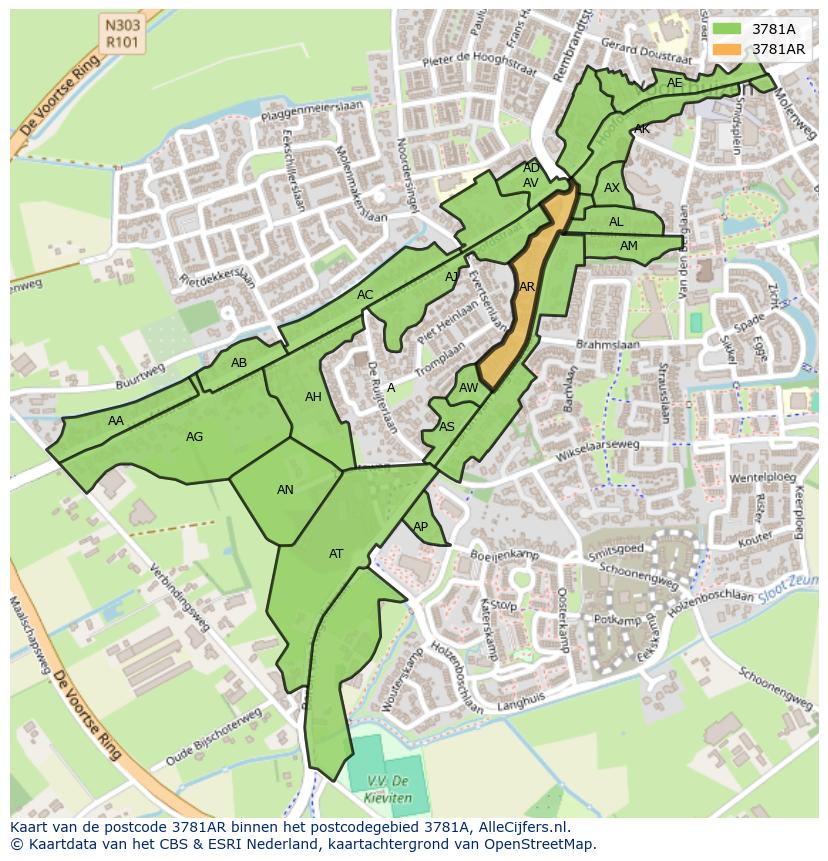Afbeelding van het postcodegebied 3781 AR op de kaart.