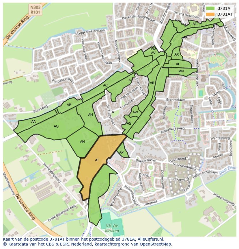 Afbeelding van het postcodegebied 3781 AT op de kaart.