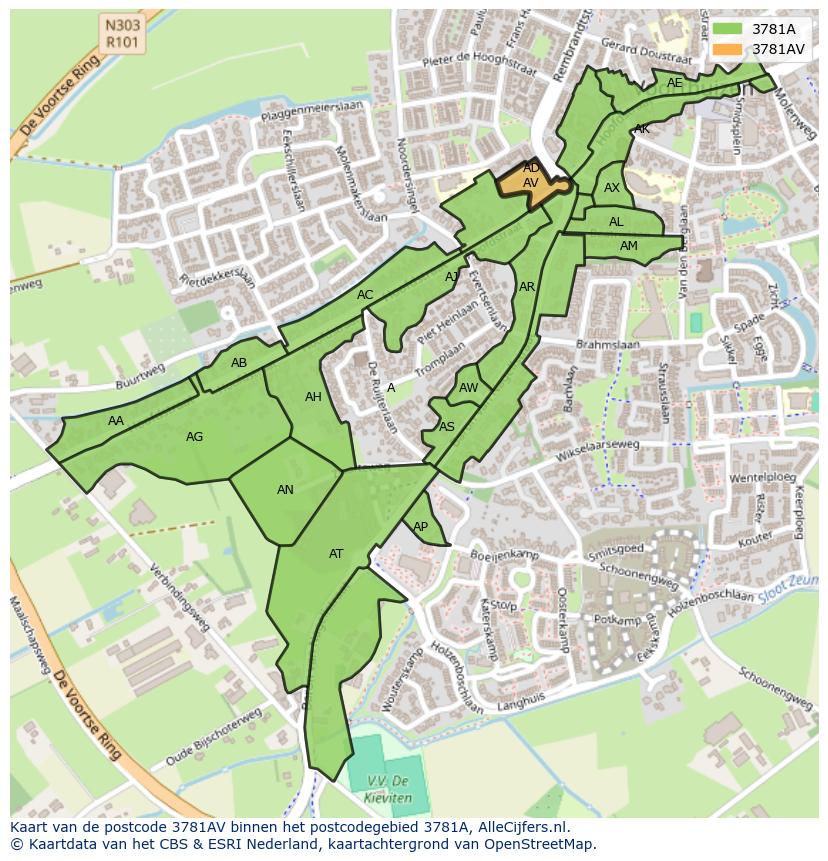 Afbeelding van het postcodegebied 3781 AV op de kaart.