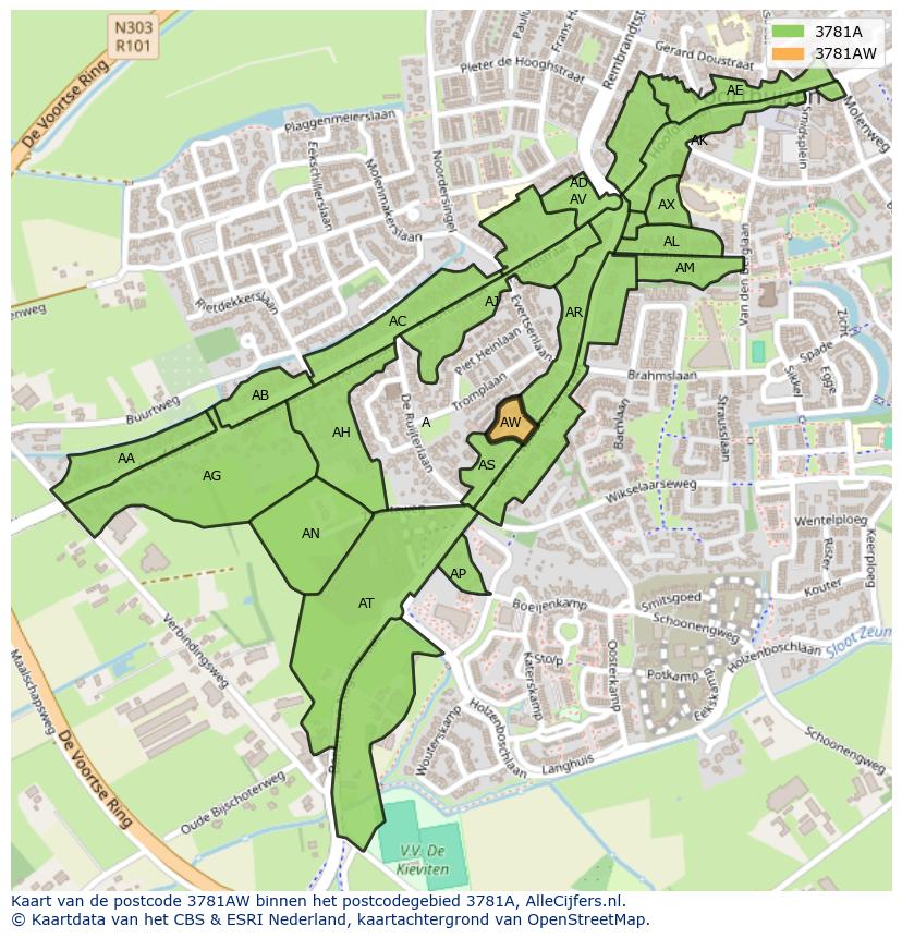 Afbeelding van het postcodegebied 3781 AW op de kaart.