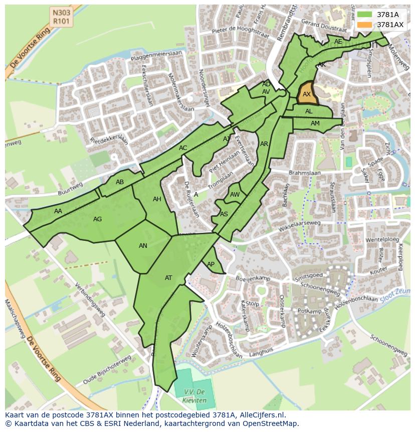 Afbeelding van het postcodegebied 3781 AX op de kaart.