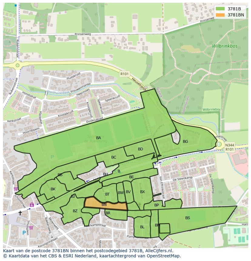Afbeelding van het postcodegebied 3781 BN op de kaart.