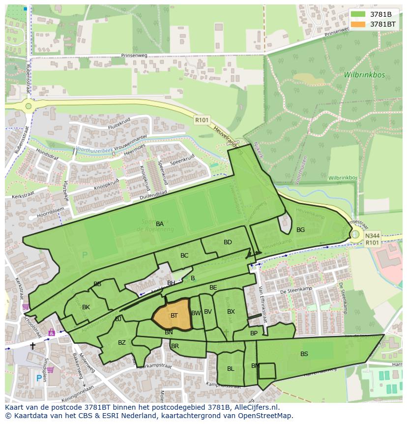 Afbeelding van het postcodegebied 3781 BT op de kaart.